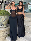 kliou Malha Suspendência Mulheres Maxi Vestido Sexy Ver Através Amarrado Patchwork Gola Baixa Sem Encosto Bodycon Feminino Moda Festa Vestidos