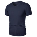 Homens Corrida Esportes Fitness Verão Novo Alto Elástico Listra Vertical Manga Curta Decote em V Slim Fit Malha Inferior Camisa Top