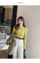 Suéter de malha feminina com decote em O Botão Pulôveres Primavera Outono Suéteres Básicos para Feminino Pulôver Slim Sólido Negrito Listradas Tops