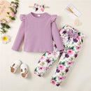 1-5 anos Kids Girl Conjunto de roupas de manga comprida Camisa com nervuras de cor sólida + calças florais + faixa de cabeça Outono 3PCS Outfit para menina da criança