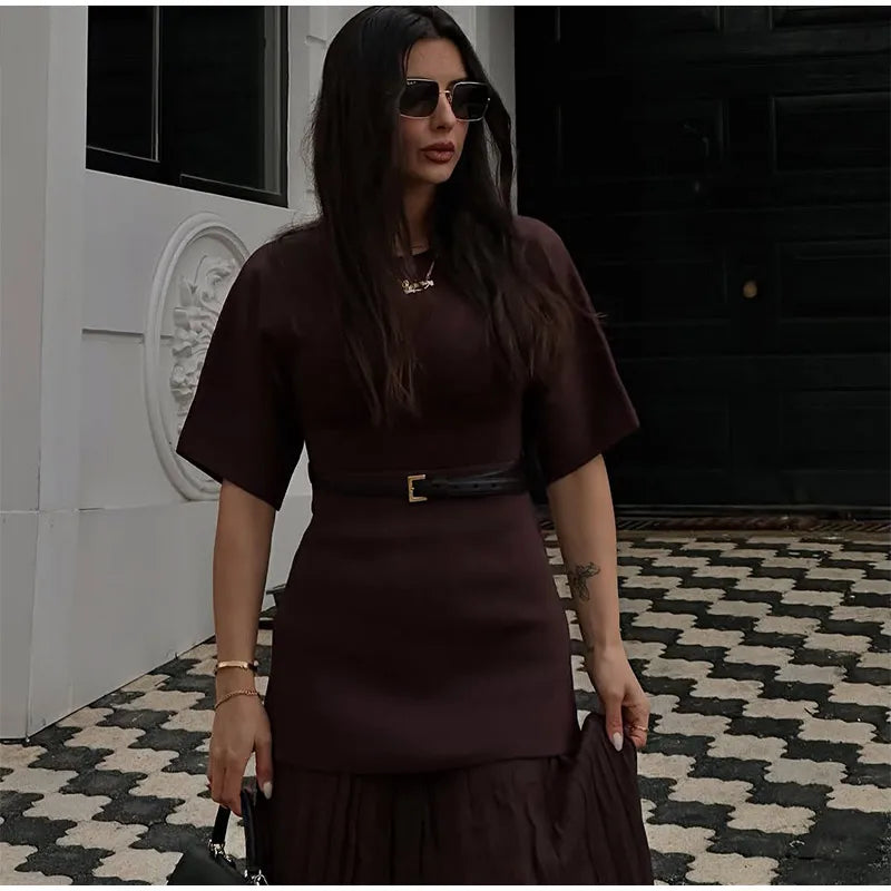 2025 Chic Splicing Brown Meia Manga Maxi Vestido Feminino Casual Plissado A Linha Slim Vestidos Femininos Escritório Comutar Vestes de Rua