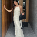 Elegante Plissado Halter Vestidos Longos Mulheres Retro Sexy Slim Sem Mangas Sem Encosto Vestido de Praia Feminino Chic Party Holiday Vestidos