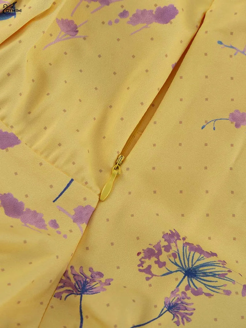 Vestido Feminino Casual Oymimi com Estampa Amarela Elegante Alças Finas Costas Abertas Moda Outono Cintura Alta Vestido de Tornozelo