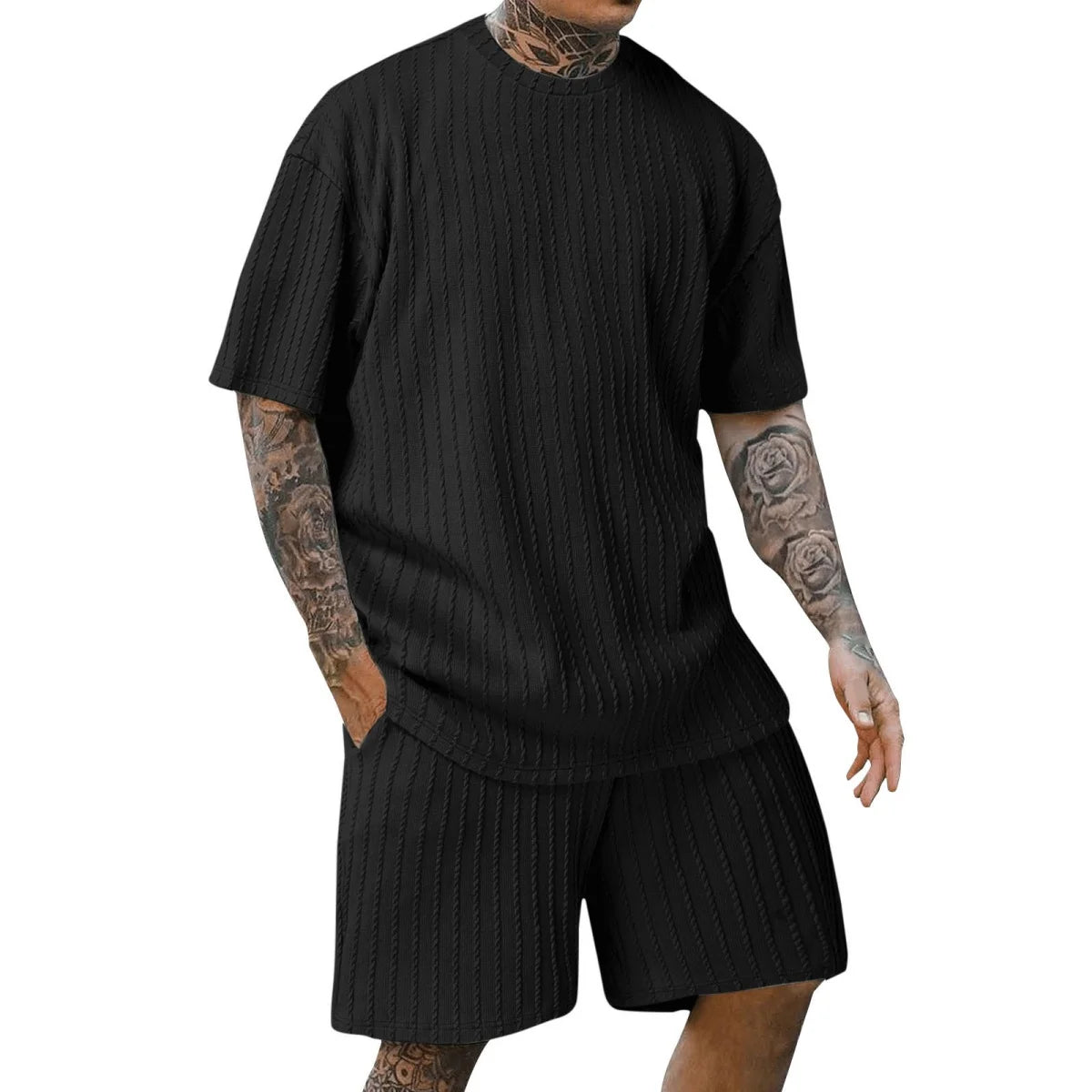 Nova moda masculina esportes de verão cor sólida gola vertical listra T-shirt shorts terno de manga curta