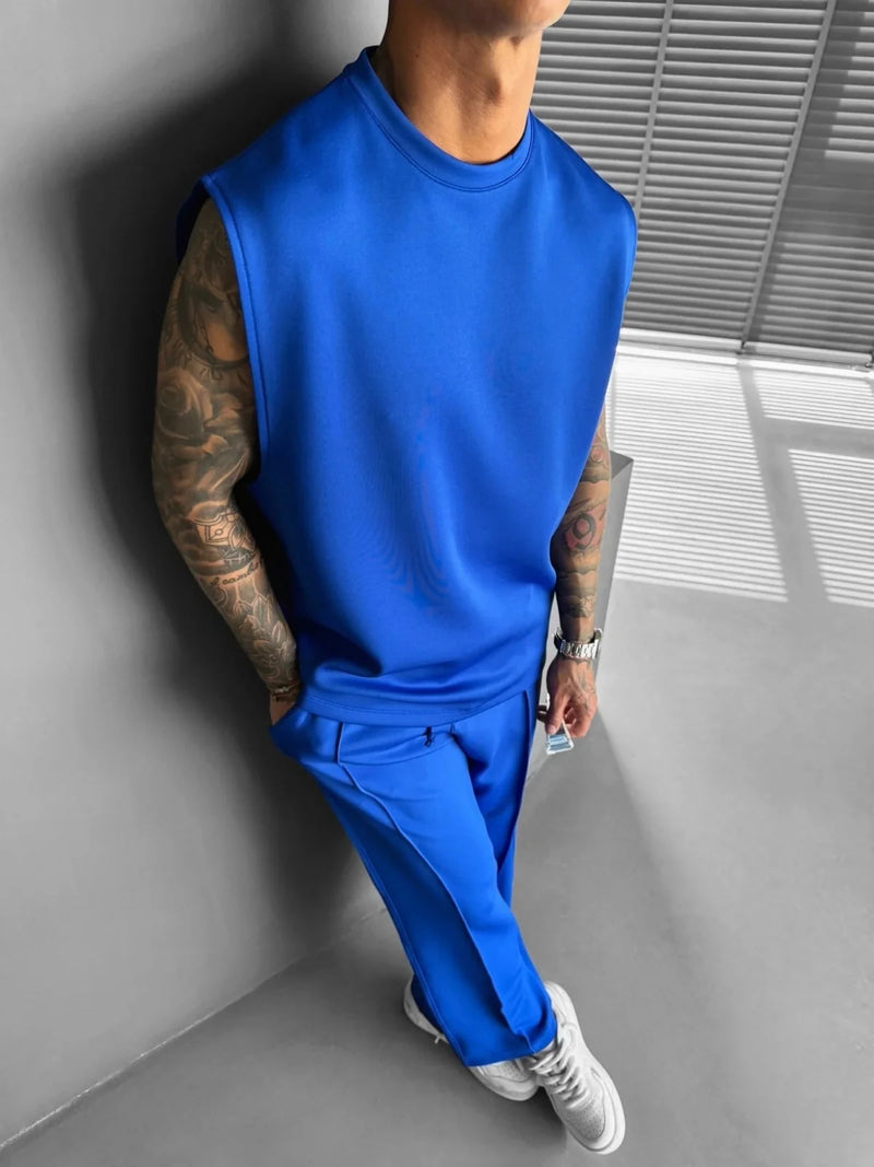 2025 Verão novo masculino moda esportiva calças casuais colete conjunto solto sem mangas T-shirt conjunto de cor sólida