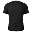 Homens Corrida Esportes Fitness Verão Novo Alto Elástico Listra Vertical Manga Curta Decote em V Slim Fit Malha Inferior Camisa Top