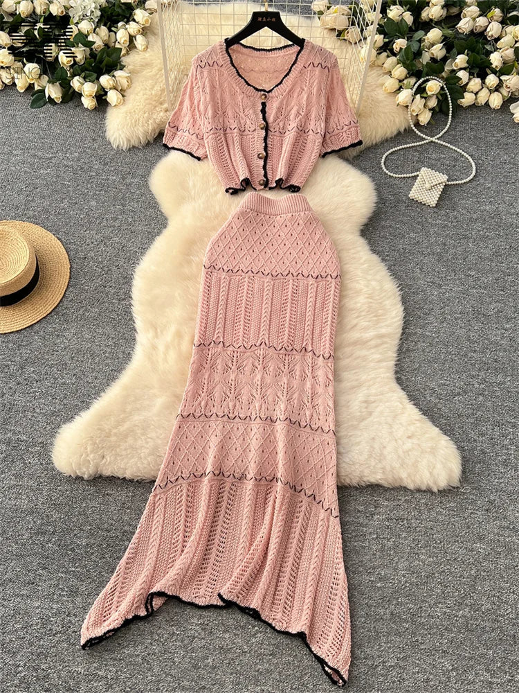 SINGREINY Verão Suave Ternos de Tricô Mulheres Botão Design Manga Curta O Pescoço Tops + Bodycon Saia Gancho Flor Oco 2pcs Set