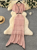 SINGREINY Verão Suave Ternos de Tricô Mulheres Botão Design Manga Curta O Pescoço Tops + Bodycon Saia Gancho Flor Oco 2pcs Set