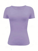 Camisetas Femininas Básicas Decote Redondo Manga Curta Tops Curtos Tops Fofos de Verão Camisetas Slim Fit Y2k Roupas 2024