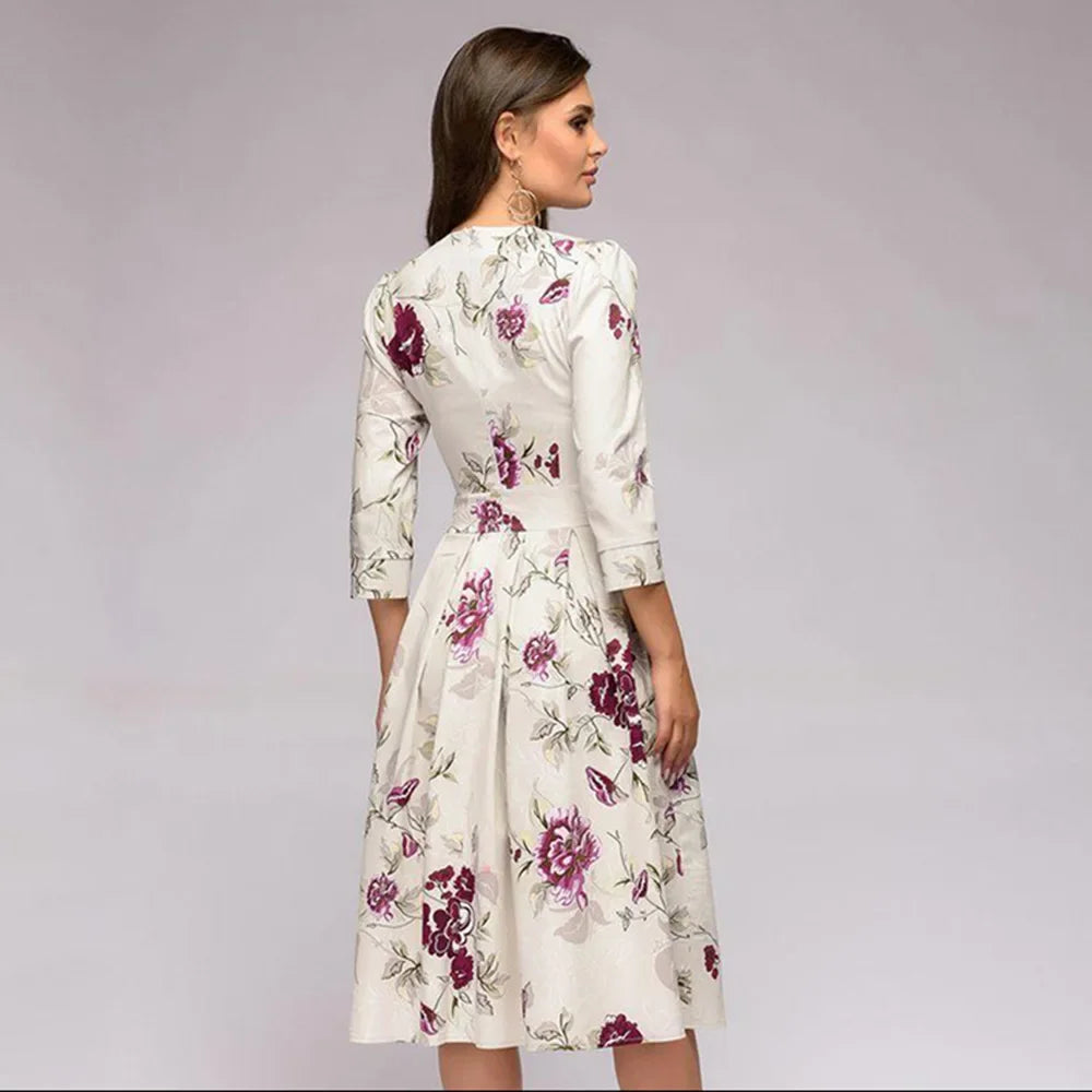 Novo estilo europeu de roupas femininas sete-oitavo manga impresso A linha de babados vestido em estoque várias cores opções de tamanho