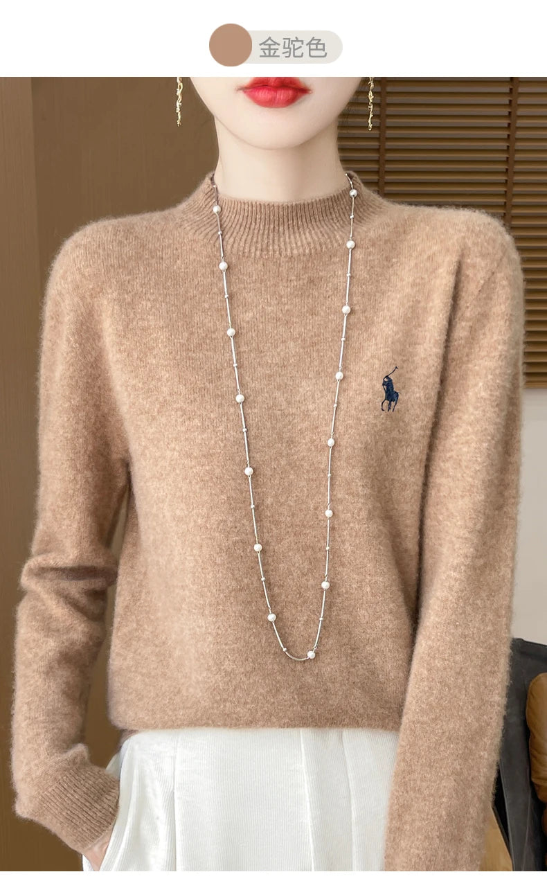 2025 Outono/Inverno Feminino Novo Moletom Com Capuz De Caxemira Elegante Bordado Meio Alto Gola Macia Caxemira Explosiva100% Lã Australiana