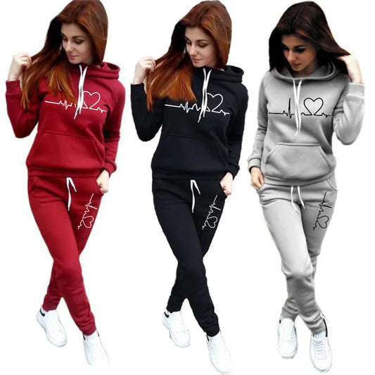 Outono e inverno moda feminina europeu e americano amor impresso velo esportes conjunto para mulheres