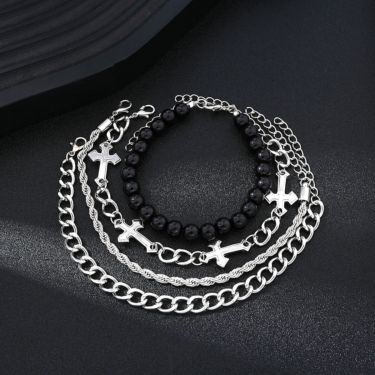 Conjunto de 4 Pcs Pulseira de Aço Inoxidável Para Homens Mulheres Punk Moda Cross Beads Pulseiras de Corrente Simples Hip Hop Unissex Jóias Presente Novo