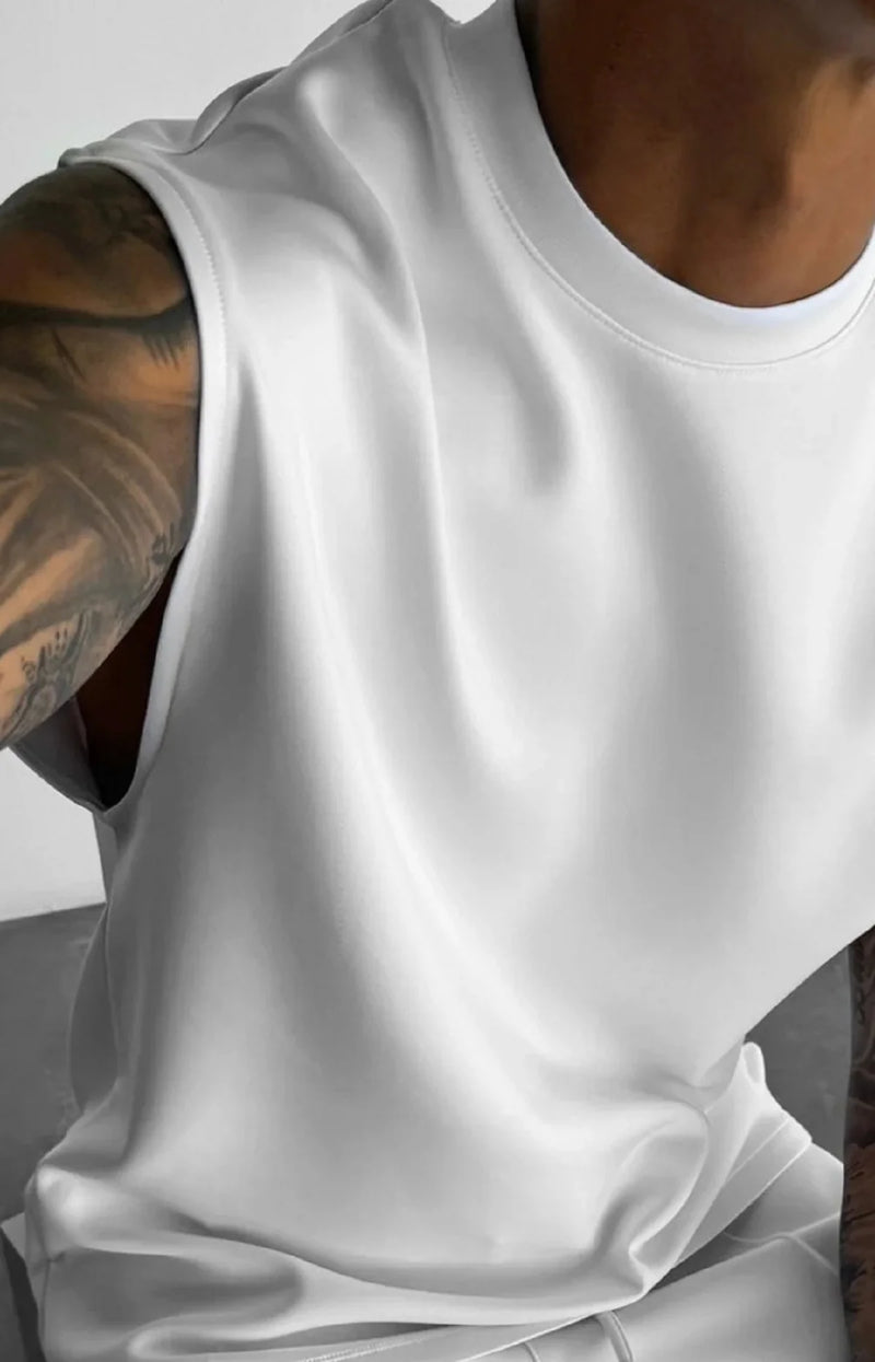 2025 Verão novo masculino moda esportiva calças casuais colete conjunto solto sem mangas T-shirt conjunto de cor sólida