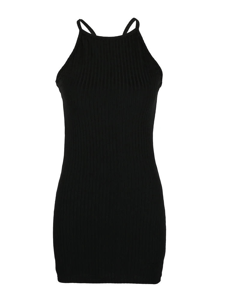 Sexy Rib Stripe Backless Sem Mangas Bodycon Vestido Mulheres Cor Sólida Magro Elegante Halter Vestido Club Party Vestidos