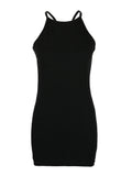 Sexy Rib Stripe Backless Sem Mangas Bodycon Vestido Mulheres Cor Sólida Magro Elegante Halter Vestido Club Party Vestidos