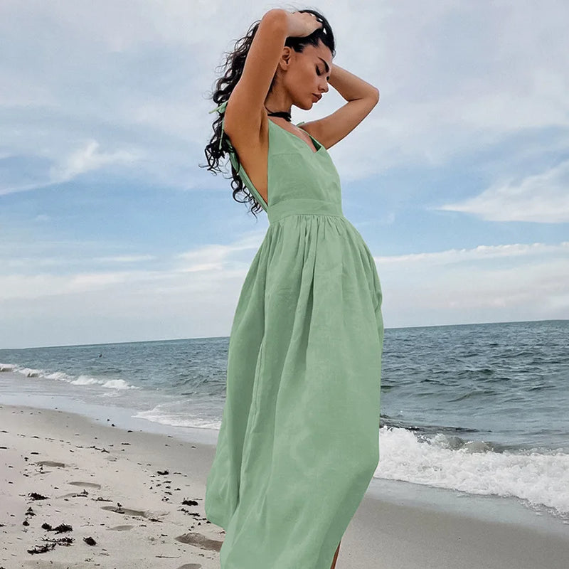 Vestido de cintura alta com suspensório respirável de algodão e linho Verão europeu e americano Novo estilo de férias saia longa para mulheres