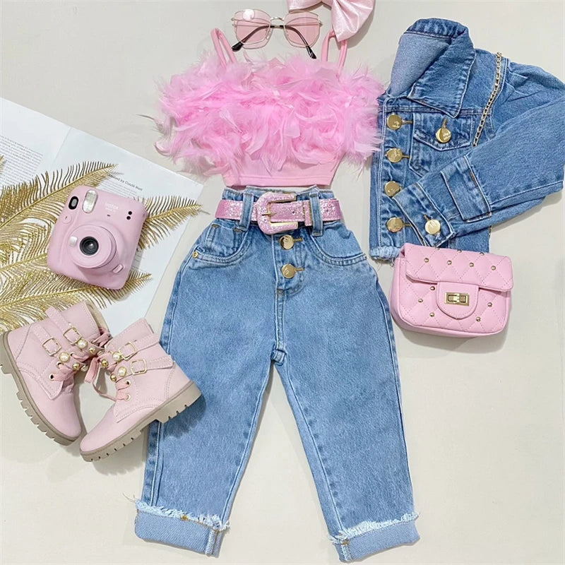 Conjuntos de roupas de verão para meninas Moda Kid Crianças Rosa Sem Mangas Camisola de Penas + Calças Jeans com Bolsos