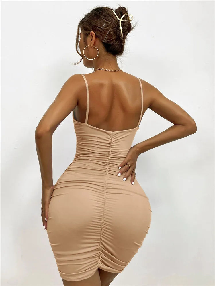 Fairyshely Sexy Ruffle Deep V Short Club Dress Senhoras 2024 Verão Azul Bodycon Vestidos Festa de Noite Mini Vestido Apertado