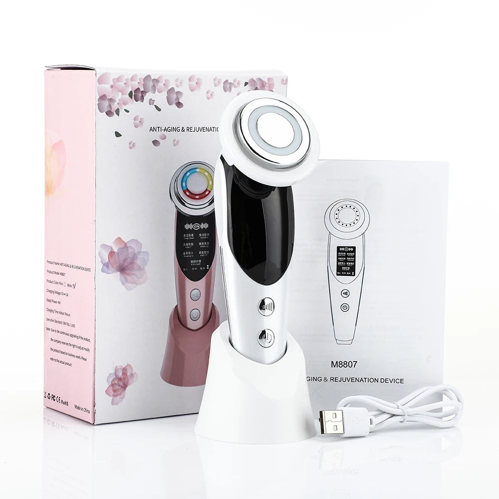Massageador Facial RF EMS 7 em 1 Ferramentas de Cuidados