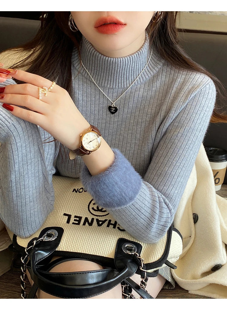 Suéter de gola alta feminino inverno 2025 vermelho retrô com forro de veludo engrossado desgaste interno tricô térmico camisa de assentamento