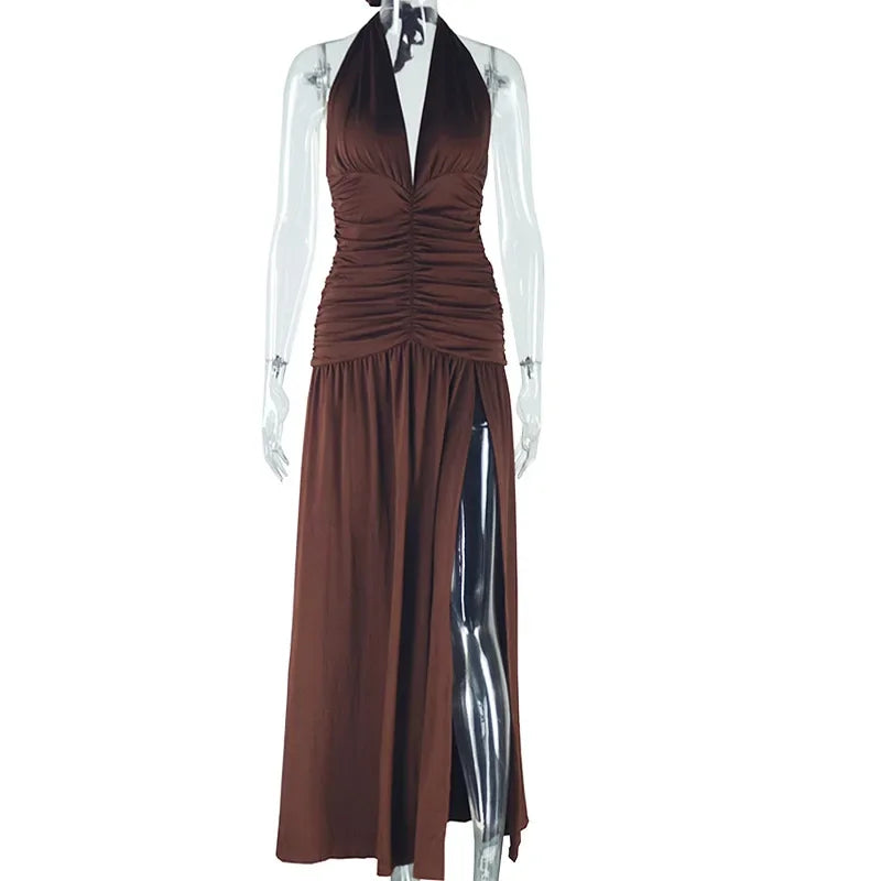 Laxsesu Deep V-Neck Halter Vestido Mulher Verão Babados Splits Backless Elegante Patchwork Sólido Festa Coquete Sexy Vestidos