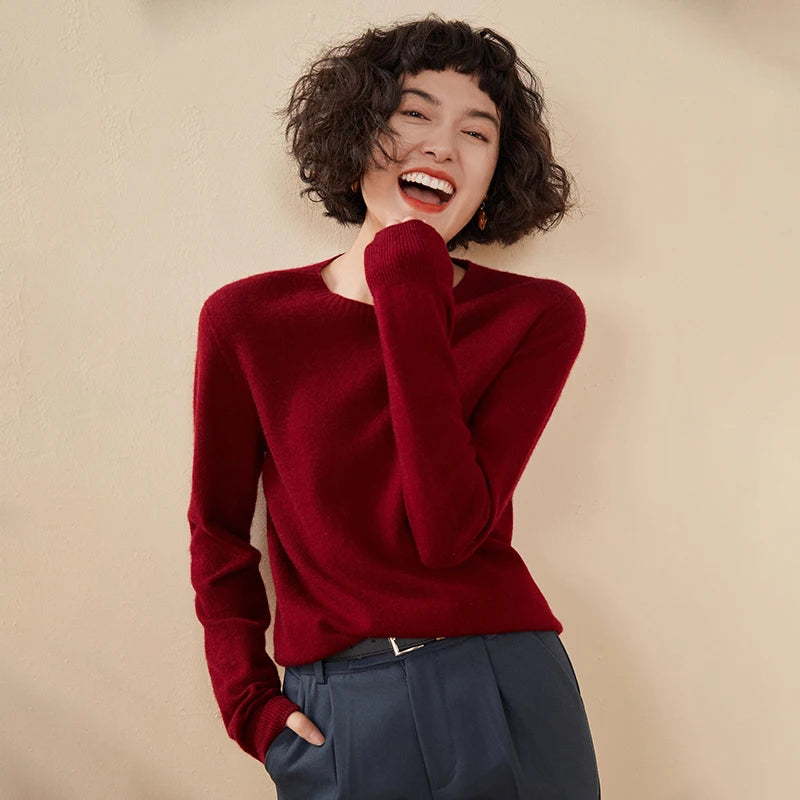 Pulôver feminino outono/inverno 100% puro suéter de caxemira casual suéter de malha gola redonda solto Tops básico versátil Blusa