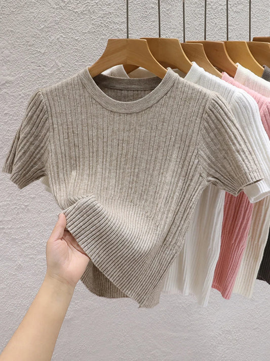 Camisetas de verão para mulheres Casual Feminino Coreano Malha Streetwear Tees Básico Sólido Jovem Cool Tops