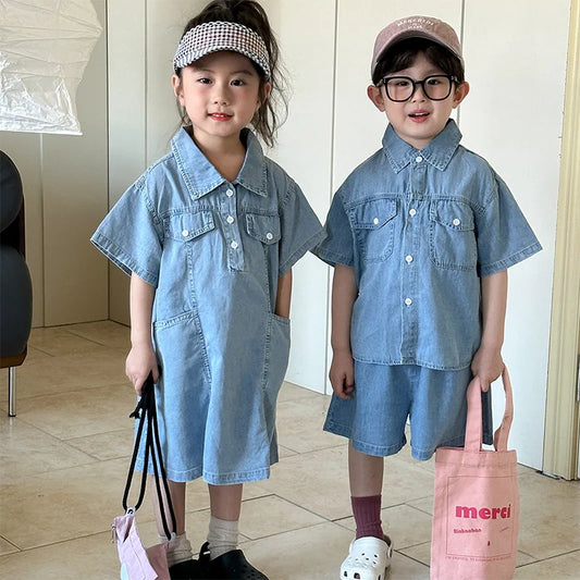 Roupas infantis 2025 verão novo terno jeans para menino ou vestido de menina casual roupas para irmão e irmã