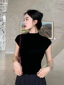 100% Tencel gola alta Francês manga curta feminina 2025 nova pequena mosca manga T-shirt slim fit e emagrecimento, internet famosa base