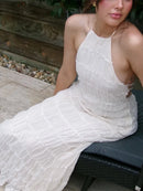 Elegante Plissado Halter Vestidos Longos Mulheres Retro Sexy Slim Sem Mangas Sem Encosto Vestido de Praia Feminino Chic Party Holiday Vestidos