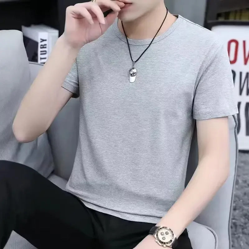 Camiseta masculina de verão estilo coreano Slim Fit de manga curta 140g blusa de poliéster suaviza sua silhueta Cor sólida Camada de base Top