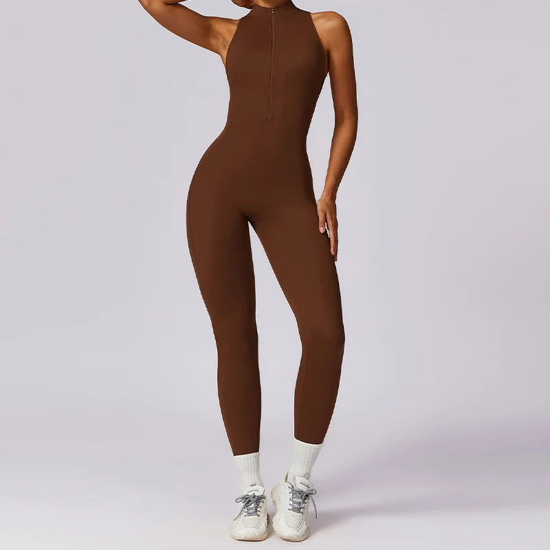 V Voltar Terno De Uma Peça Das Mulheres Macacão Esportivo Zíperes Yoga Macacão Backless Sportswear Mulheres Sleeveles Workout Bodysuits Feminino
