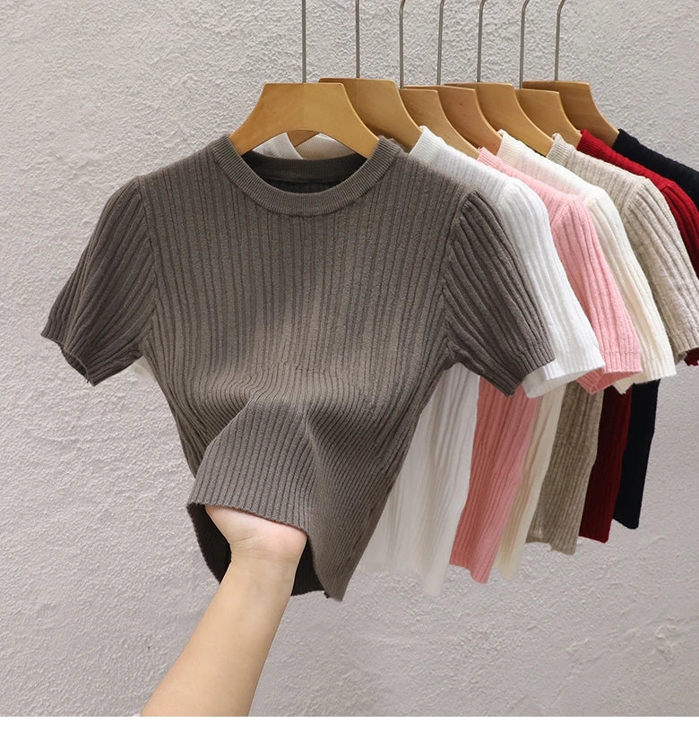 Camisetas de verão para mulheres Casual Feminino Coreano Malha Streetwear Tees Básico Sólido Jovem Cool Tops