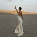 Sexy fita branca de seda cetim estilingue vestido para as mulheres elegante swing colarinho backless vestidos longos 2025 mulheres novo praia férias robe