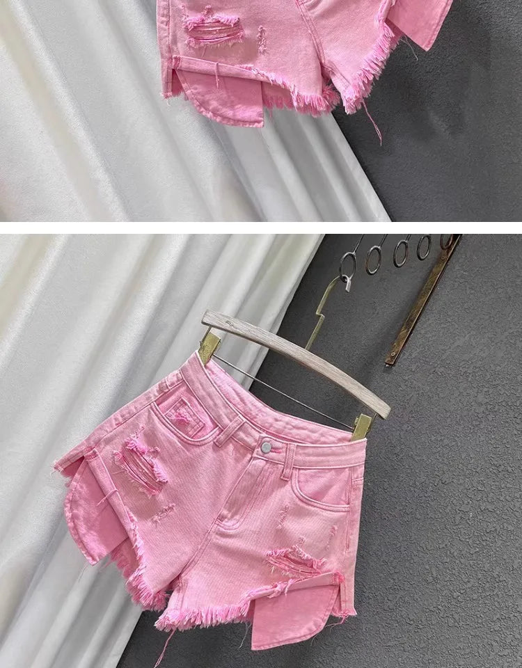 2025 Novas Mulheres Cintura Alta Buracos de cor clara Projetado Shorts Jeans Femininos em forma de A Jeans rasgados s-xl rosa azul