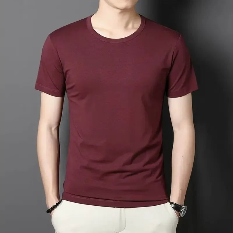Camiseta masculina de verão estilo coreano Slim Fit de manga curta 140g blusa de poliéster suaviza sua silhueta Cor sólida Camada de base Top