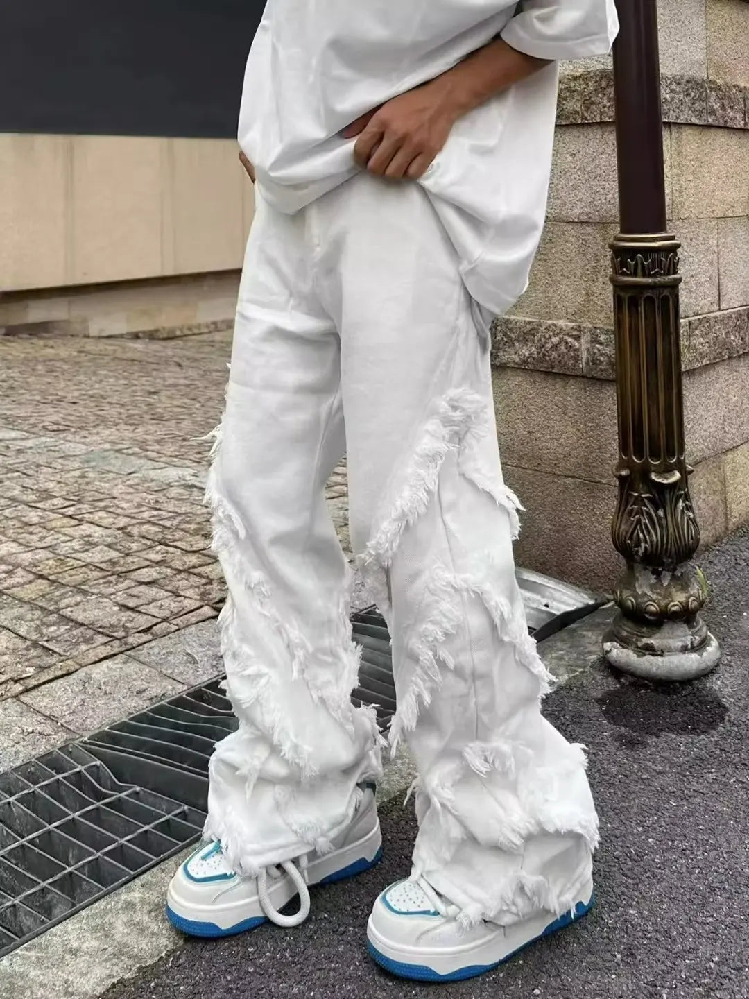Jeans de Rua Estilo Americano Erosão Danos Raw Edge para Homens Estilo Harajuku Dança Reta Jeans Brancos Roupas Y2k para Mulheres