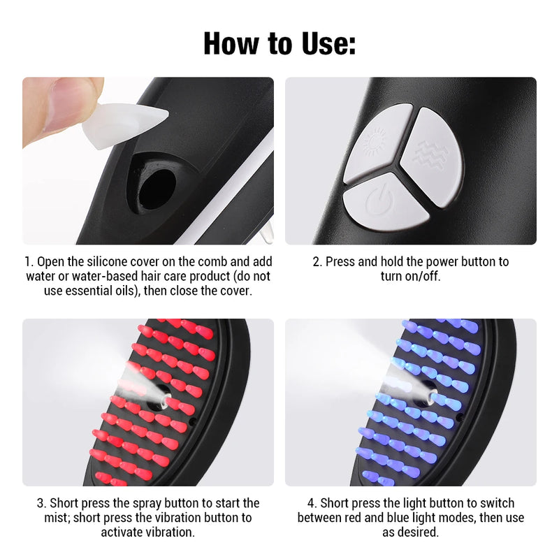 Escova de Cabelo com Luz Vermelha e Azul, Cuidados com o Cabelo, Massagem no Couro Cabeludo, Aplicador de Medicamento para o Couro Cabeludo 6/15ml, Sem Fio, Anti-Queda, Escova de Beleza