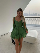 Moda Feminina Chiffon Plissado Lace Up Cintura Alta Mini Vestido Chic Verde Oco Out Manga Cheia A Linha de Vestidos Senhora Vestes de Praia