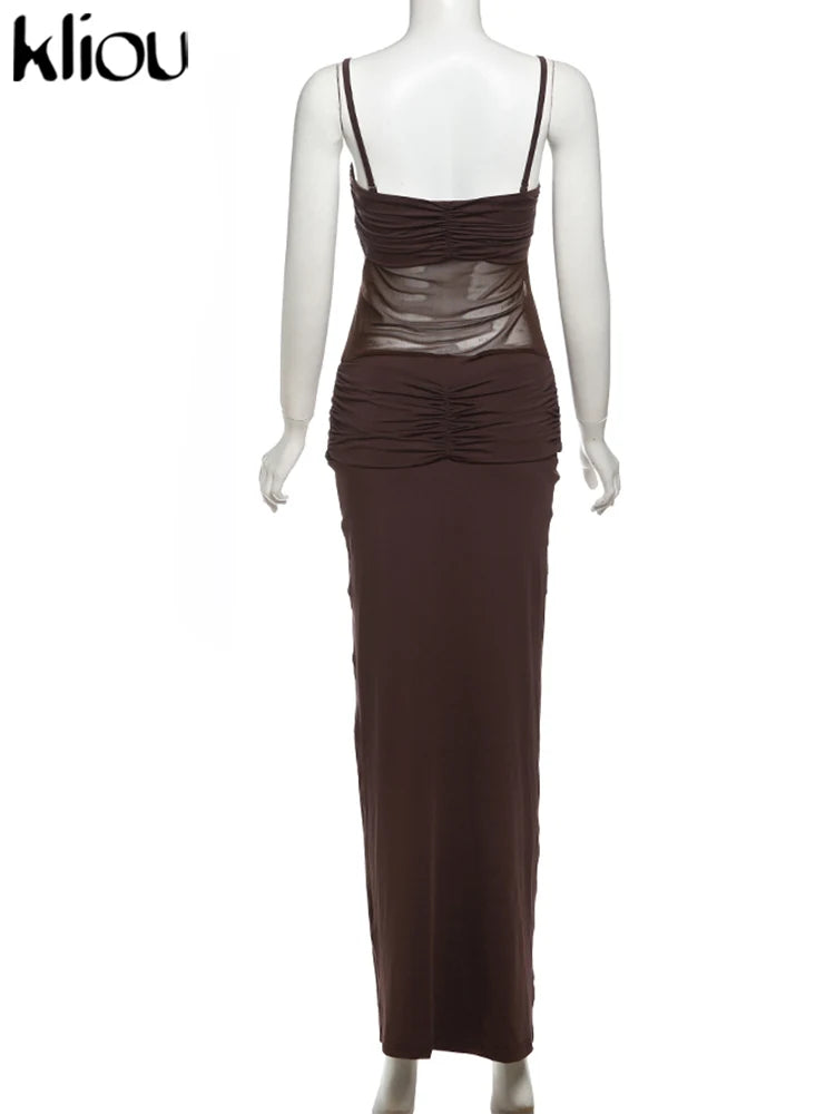 kliou Malha Suspendência Mulheres Maxi Vestido Sexy Ver Através Amarrado Patchwork Gola Baixa Sem Encosto Bodycon Feminino Moda Festa Vestidos