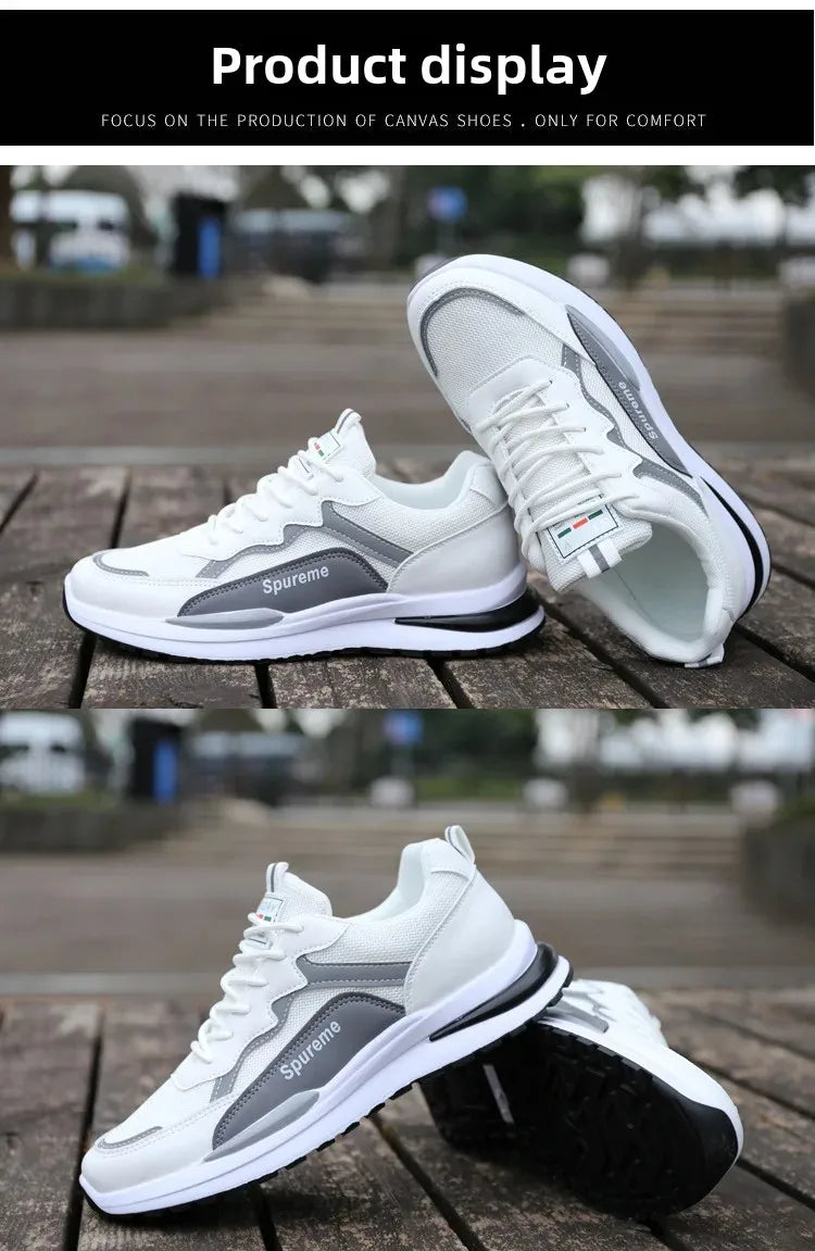 Sapatos masculinos respiráveis de verão 2024 Novos esportes casuais Web Running Student Branco Velho Sapatos da moda de altura aumentada