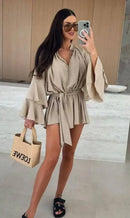 Elegante Plissado Vestido Curto Mulheres Solto Lace Up Manga Longa Flare V Neck Vestidos Feminino 2025 Primavera Oco Out Praia Robe Senhora