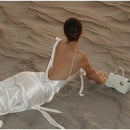 Sexy fita branca de seda cetim estilingue vestido para as mulheres elegante swing colarinho backless vestidos longos 2025 mulheres novo praia férias robe