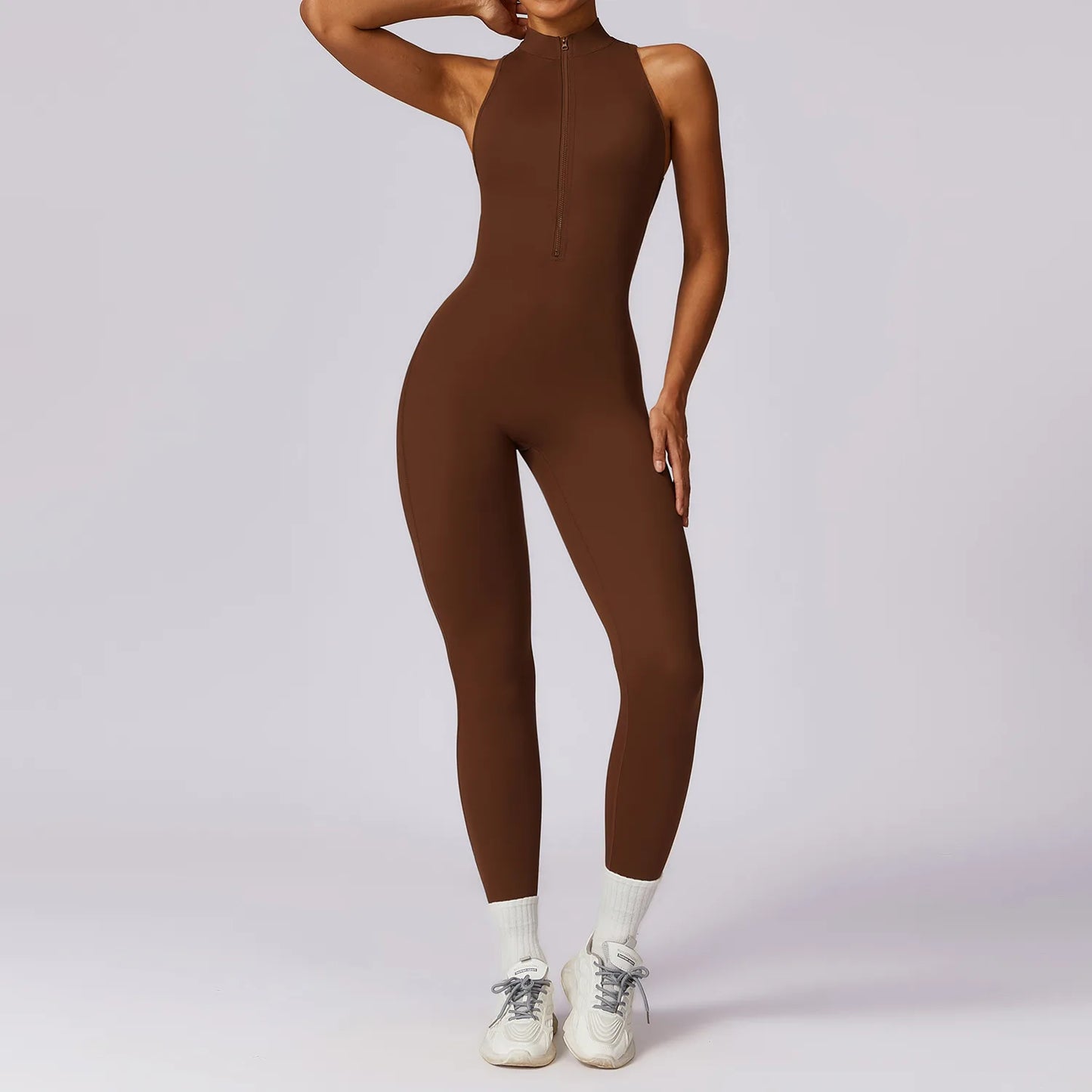 V Voltar Terno De Uma Peça Das Mulheres Macacão Esportivo Zíperes Yoga Macacão Backless Sportswear Mulheres Sleeveles Workout Bodysuits Feminino
