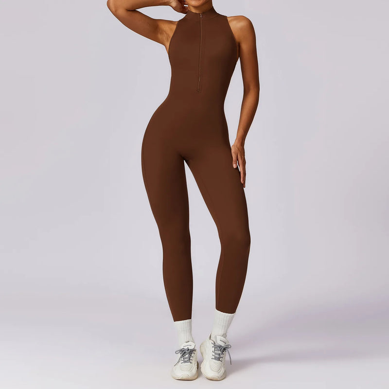 V Voltar Terno De Uma Peça Das Mulheres Macacão Esportivo Zíperes Yoga Macacão Backless Sportswear Mulheres Sleeveles Workout Bodysuits Feminino