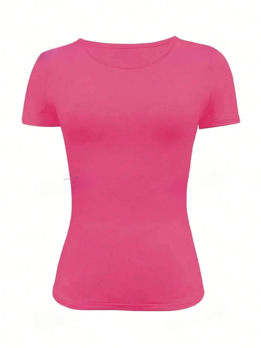 Camisetas Femininas Básicas Decote Redondo Manga Curta Tops Curtos Tops Fofos de Verão Camisetas Slim Fit Y2k Roupas 2024