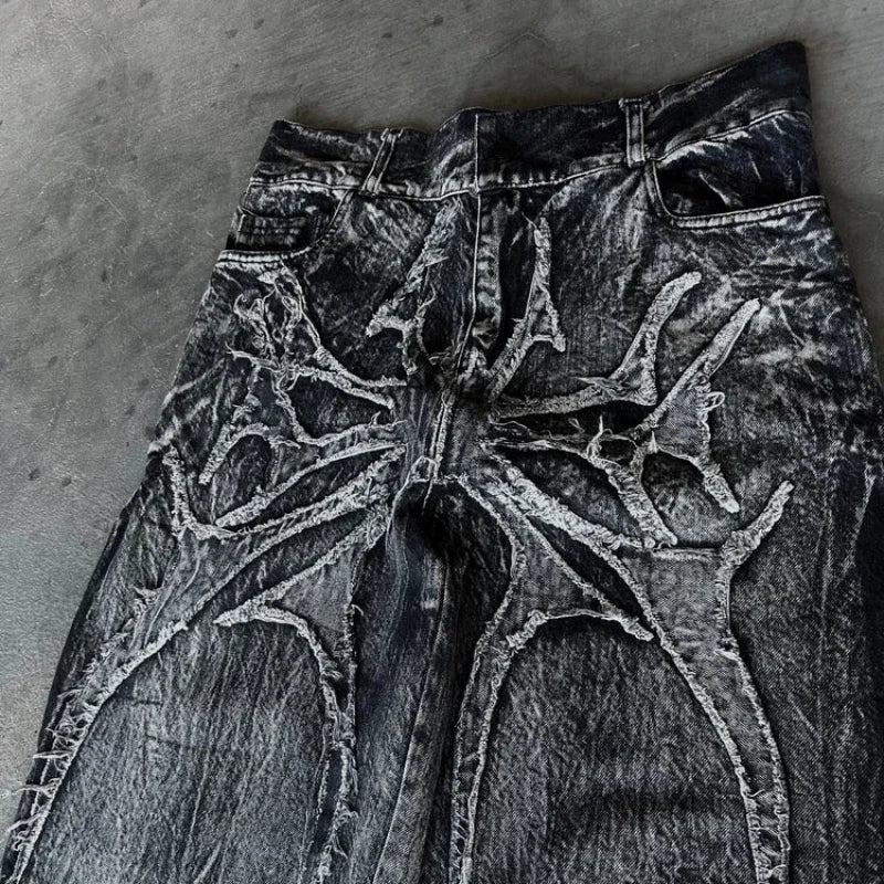 Gótico Retro Oversized Baggy Fit Unisex Mopping Pants Y2K Phantom Jeans High Street Spider Bordado Patch Hip Hop Streetwear