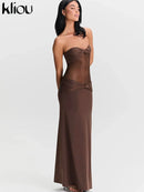 kliou Malha Suspendência Mulheres Maxi Vestido Sexy Ver Através Amarrado Patchwork Gola Baixa Sem Encosto Bodycon Feminino Moda Festa Vestidos