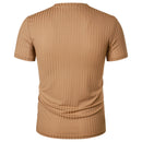 Homens Corrida Esportes Fitness Verão Novo Alto Elástico Listra Vertical Manga Curta Decote em V Slim Fit Malha Inferior Camisa Top